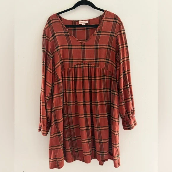 Knox Rose Rust Plaid V-Neck Dress - Picture 1 of 3